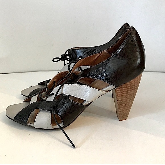 NEW ALDO GENUINE LEATHER CHOCOLATE BROWN/LIGHT GREY OPEN-TOE LACE-UP SHOES 39 - Picture 2 of 8